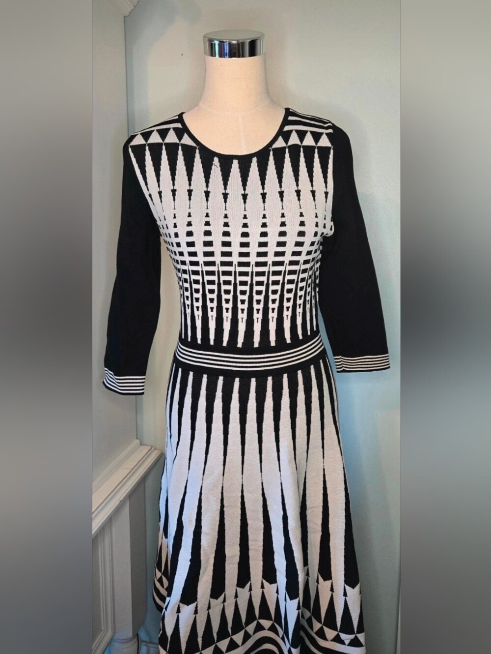 Vince Camuto Black and White Geometric Knit Dress